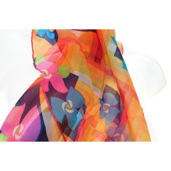 Day Glo Mod Floral Scarf Sheer Geometric Pink Blue Flowers Orange Yellow Red - Picture 1 of 4